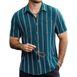 Mens Summer Striped Shirts Button Down Short Sleeve Vintage Beach